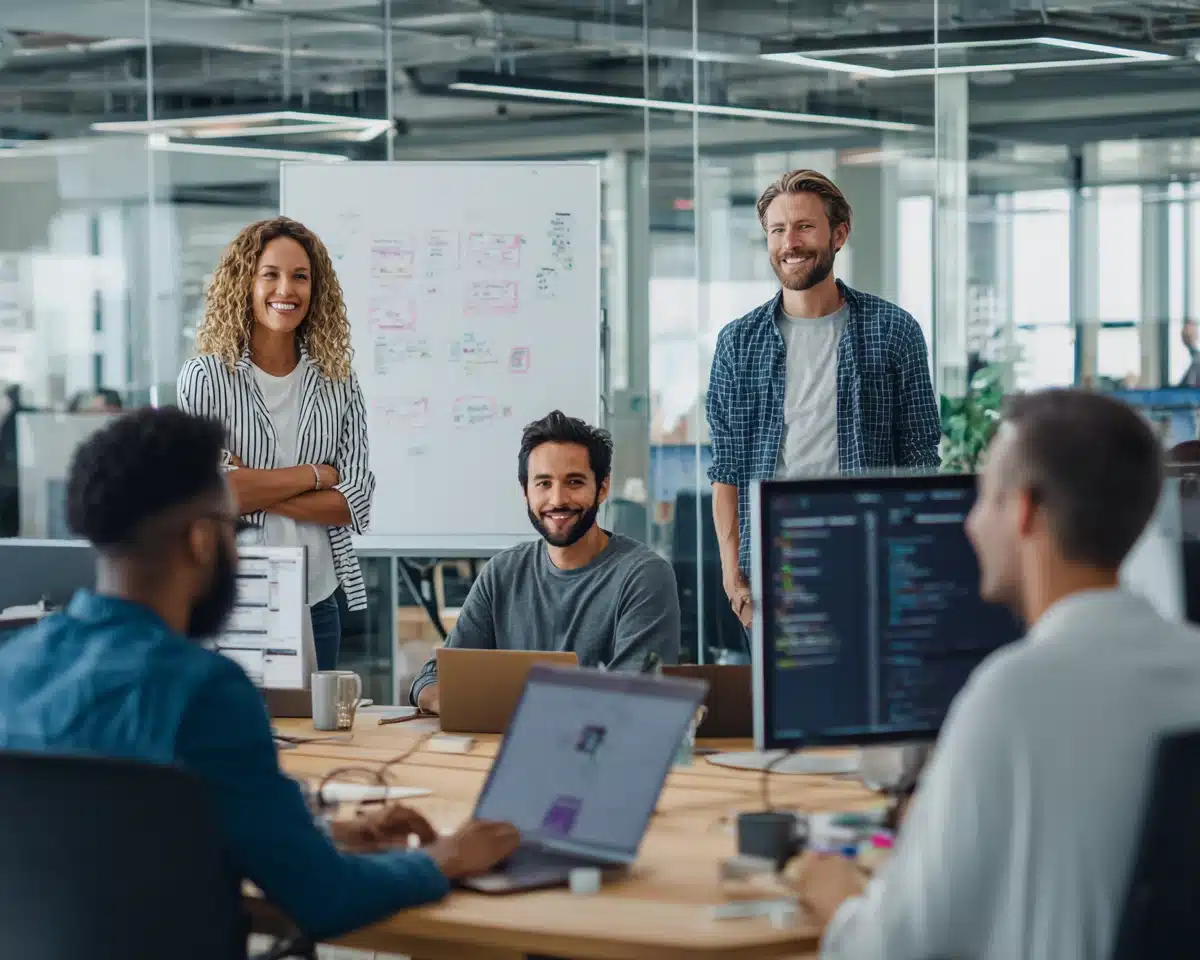 a lady and men in a meeting in office room for content writing saas